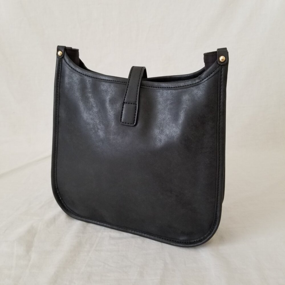 NWOT! Black Faux Leather Purse Shoulder Crossbody Bag with Embroidered Strap - Picture 8 of 12